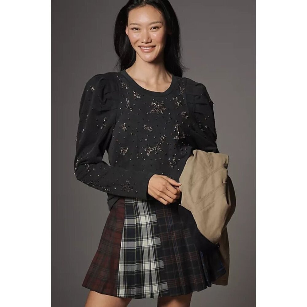 Pilcro Puff-Sleeve Embellished Party Top Women's Size 1X Carbon Black